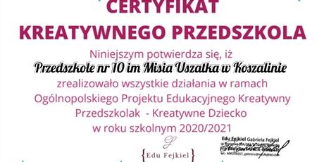Certyfikat Kreatywnego Przedszkola 