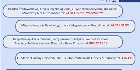 Wykaz placówek, stowarzyszeń, fundacji udzielających pomocy psychologiczno-pedagogicznej.